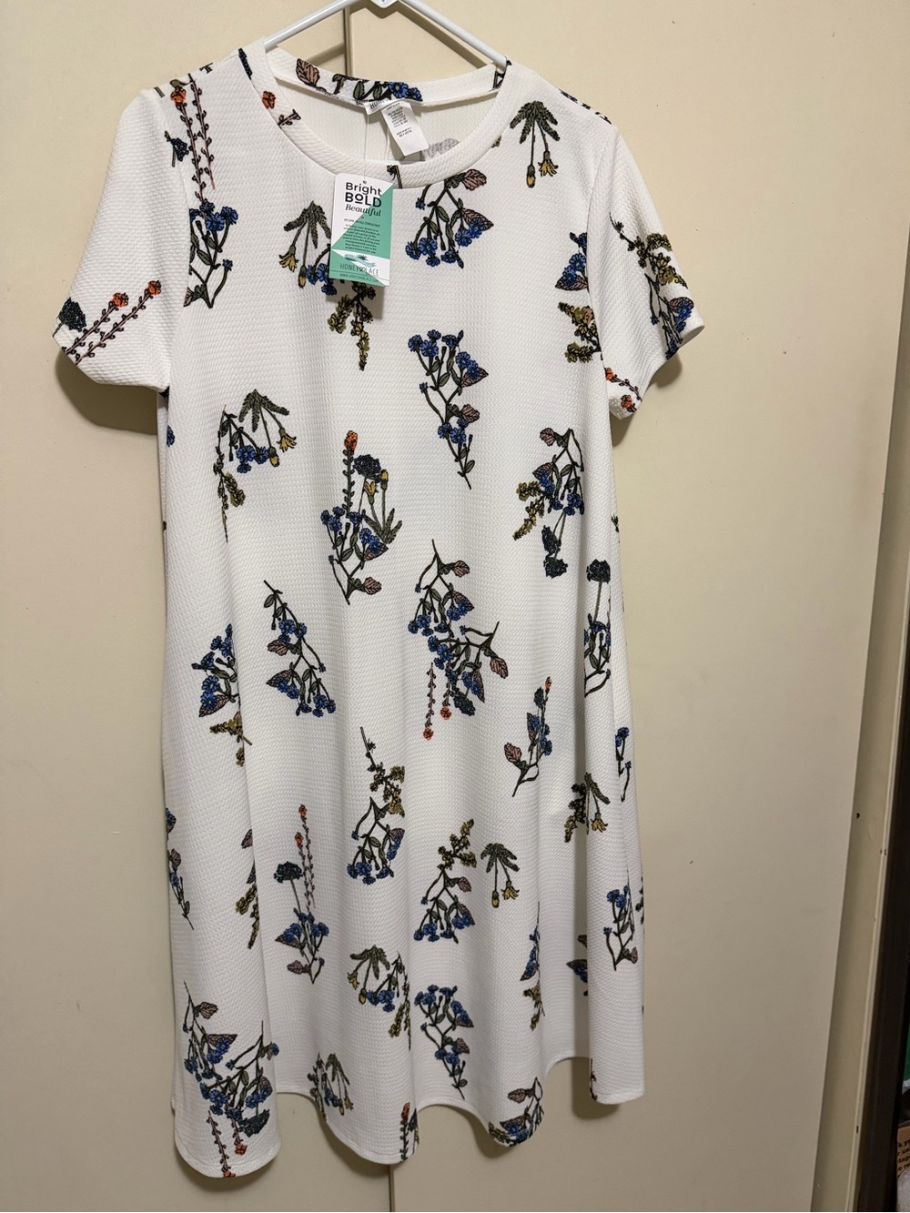 Honey and Lace White Floral Swing Dress with Blue and Green Sprigs